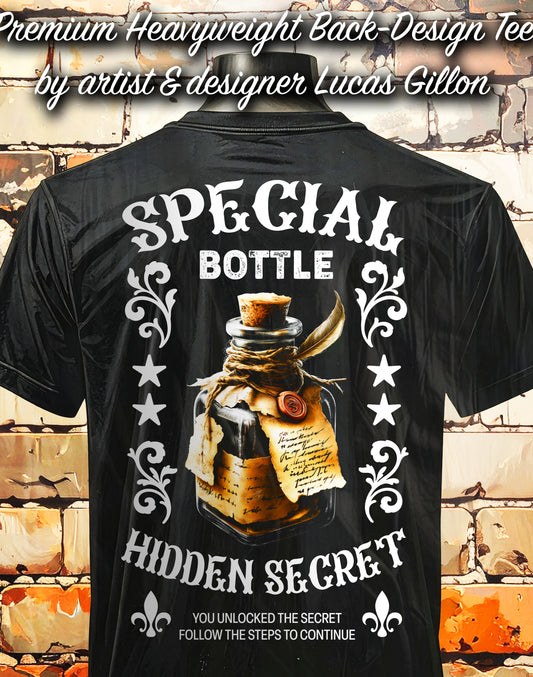 to finish - Black Unisex Premium Heavyweight Back-Design Tee "Special Message Bottle" by Designer and Artist Lucas Gillon
