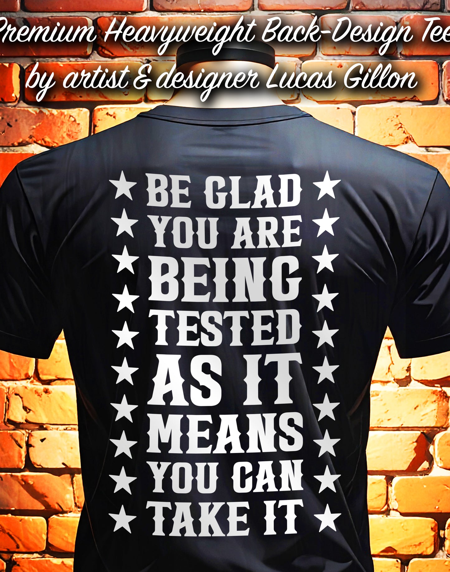 Black Unisex Premium Original Heavyweight Back-Design Tee "Being Tested" by Designer and Artist Lucas Gillon