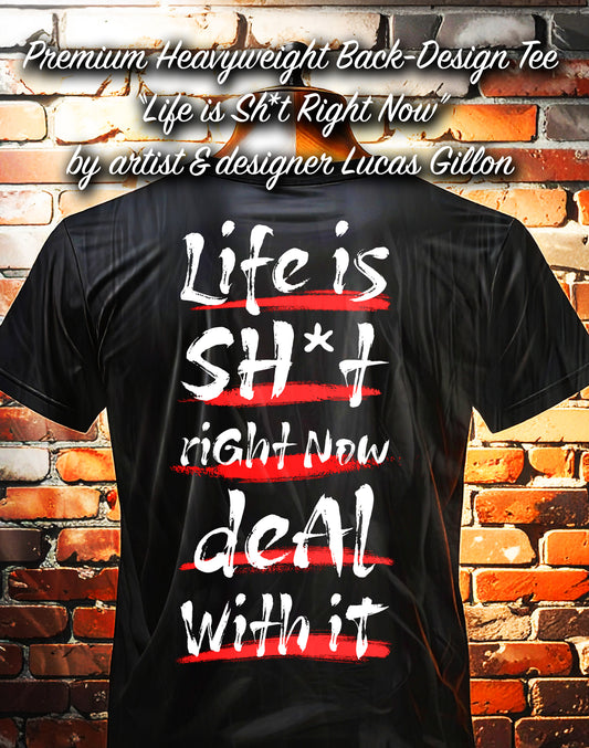 Black Unisex Premium Original Heavyweight Back-Design Tee "Deal With It" by Designer and Artist Lucas Gillon