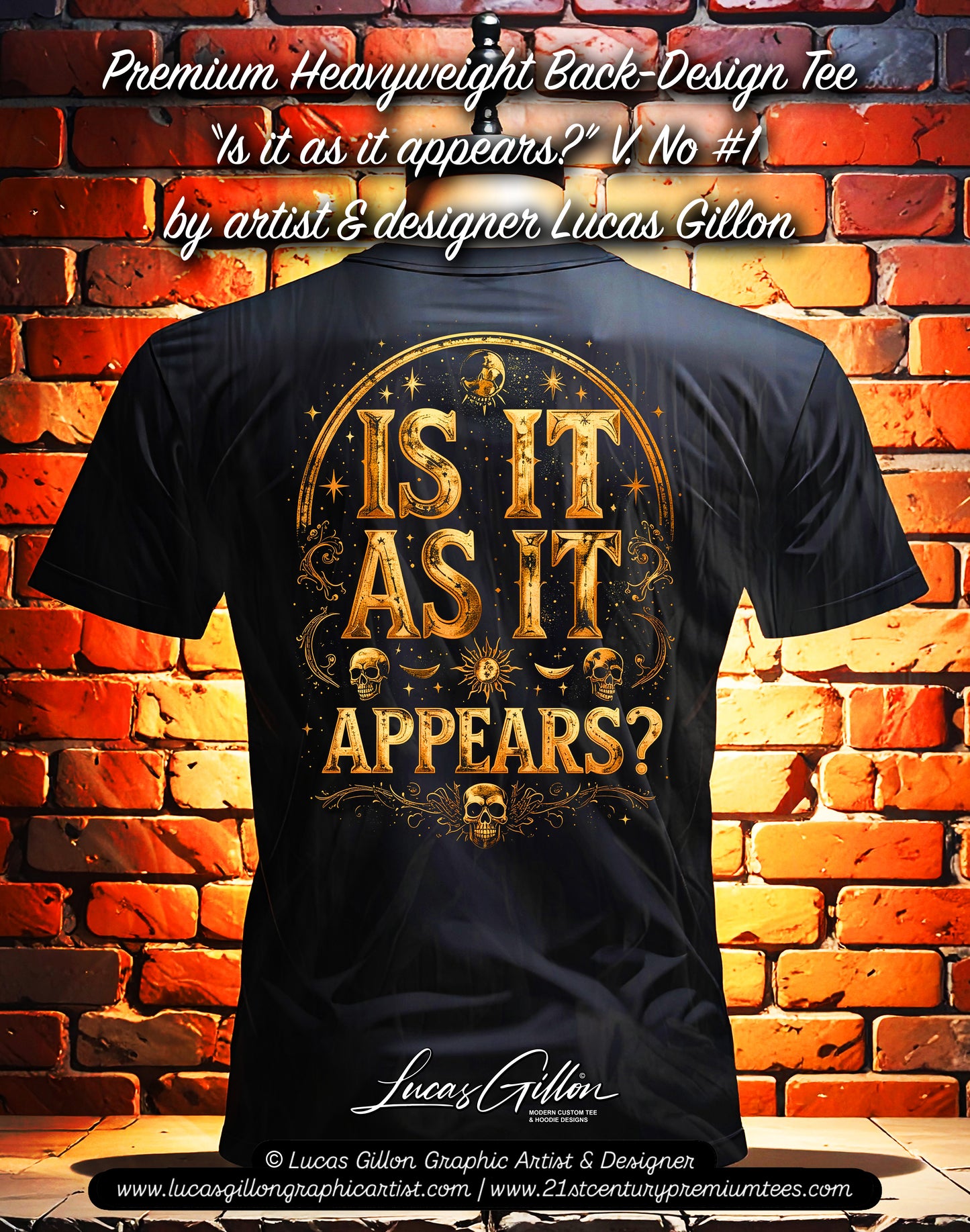 Black Unisex Premium Original Heavyweight Back-Design Tee "As it Appears No #1" by Designer and Artist Lucas Gillon