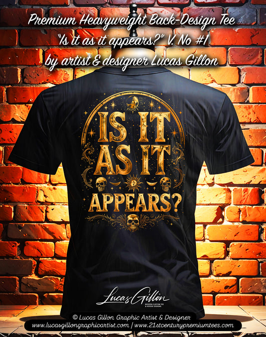 Black Unisex Premium Original Heavyweight Back-Design Tee "As it Appears No #1" by Designer and Artist Lucas Gillon