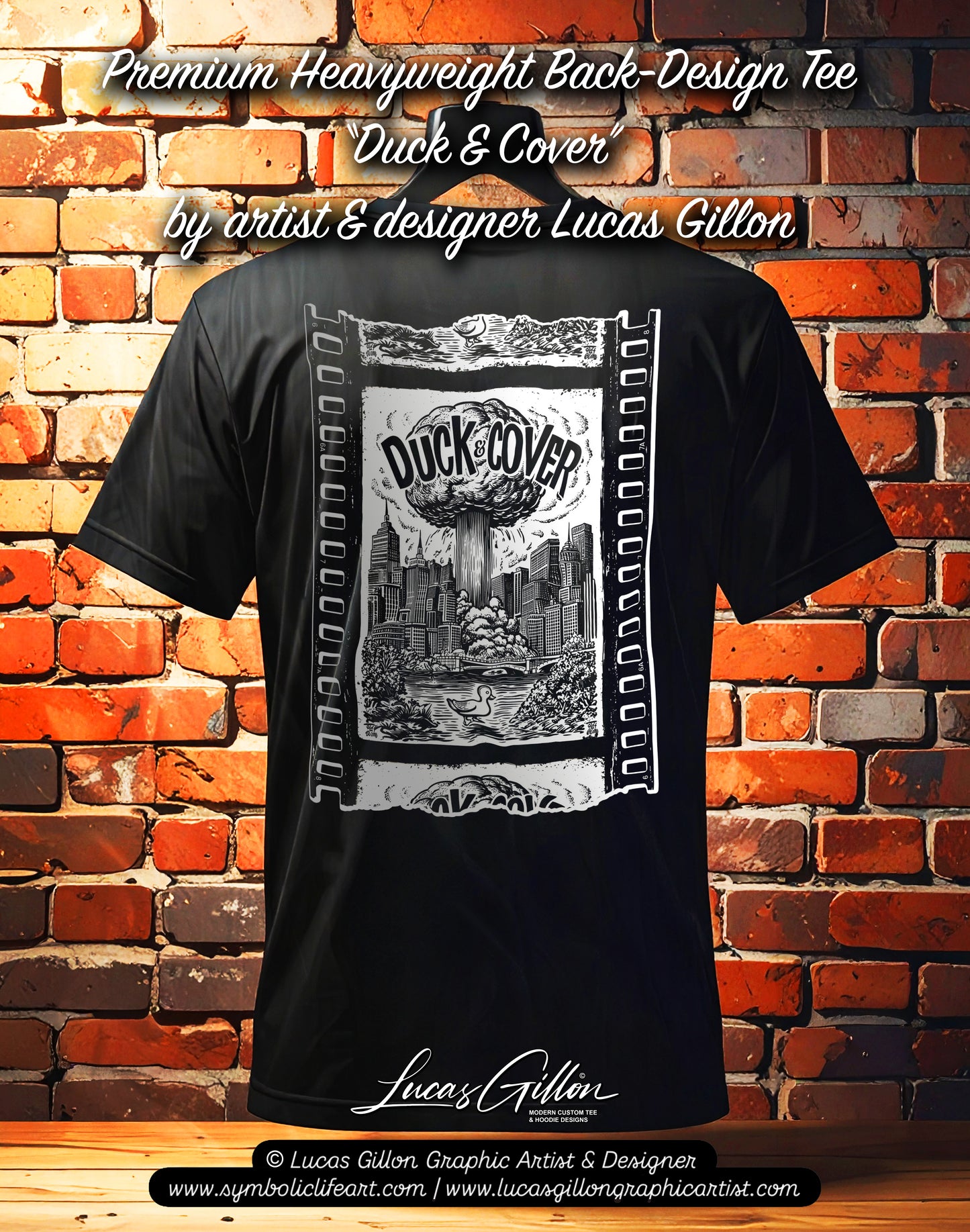 Black Unisex Premium Original Heavyweight Back-Design Tee "Duck & Cover" by Designer and Artist Lucas Gillon