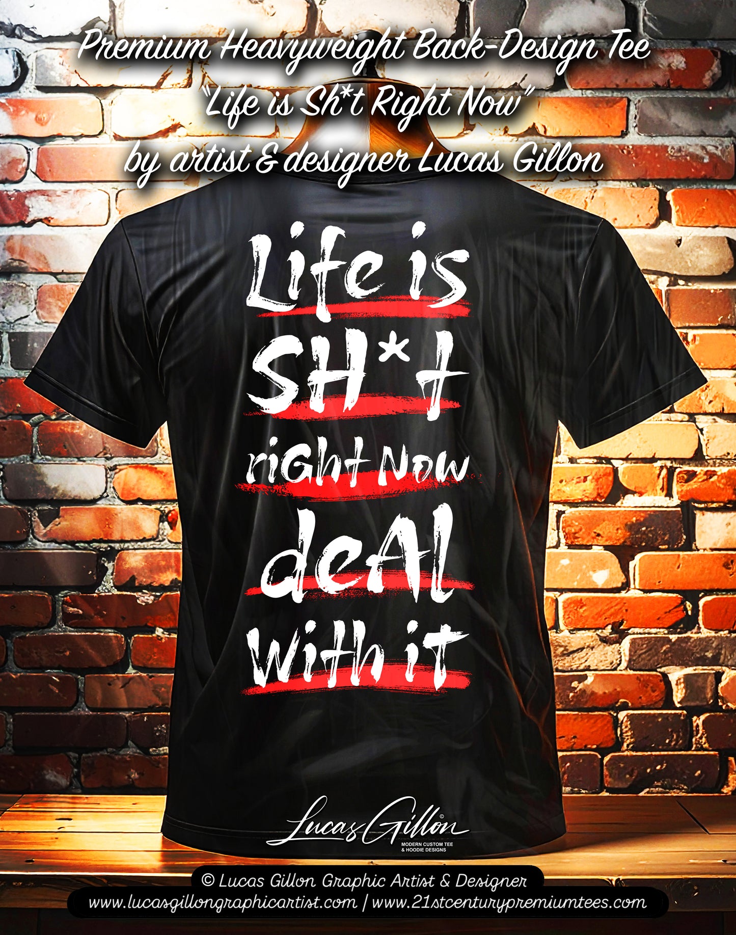 Black Unisex Premium Original Heavyweight Back-Design Tee "Deal With It" by Designer and Artist Lucas Gillon