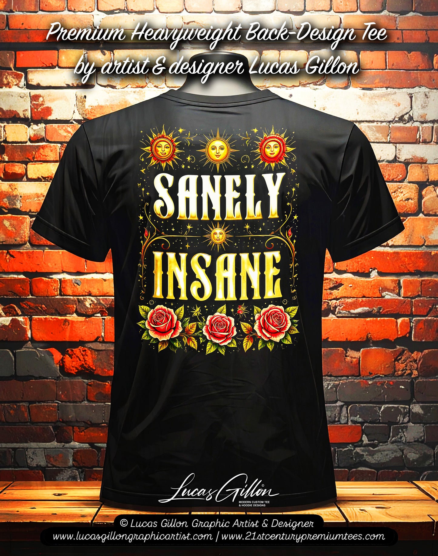 Black Unisex Premium Original Heavyweight Back-Design Tee "Sanely Insane" by Designer and Artist Lucas Gillon