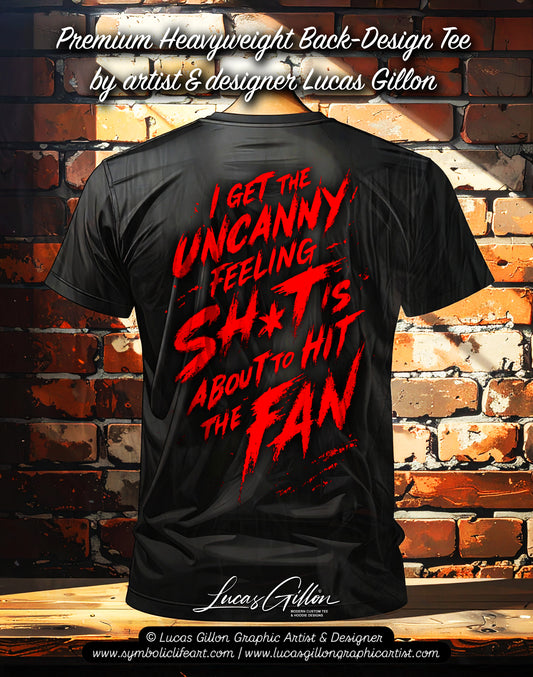Black Unisex Premium Heavyweight Back-Design Tee "Sh*t Hits the Fan" by Designer and Artist Lucas Gillon