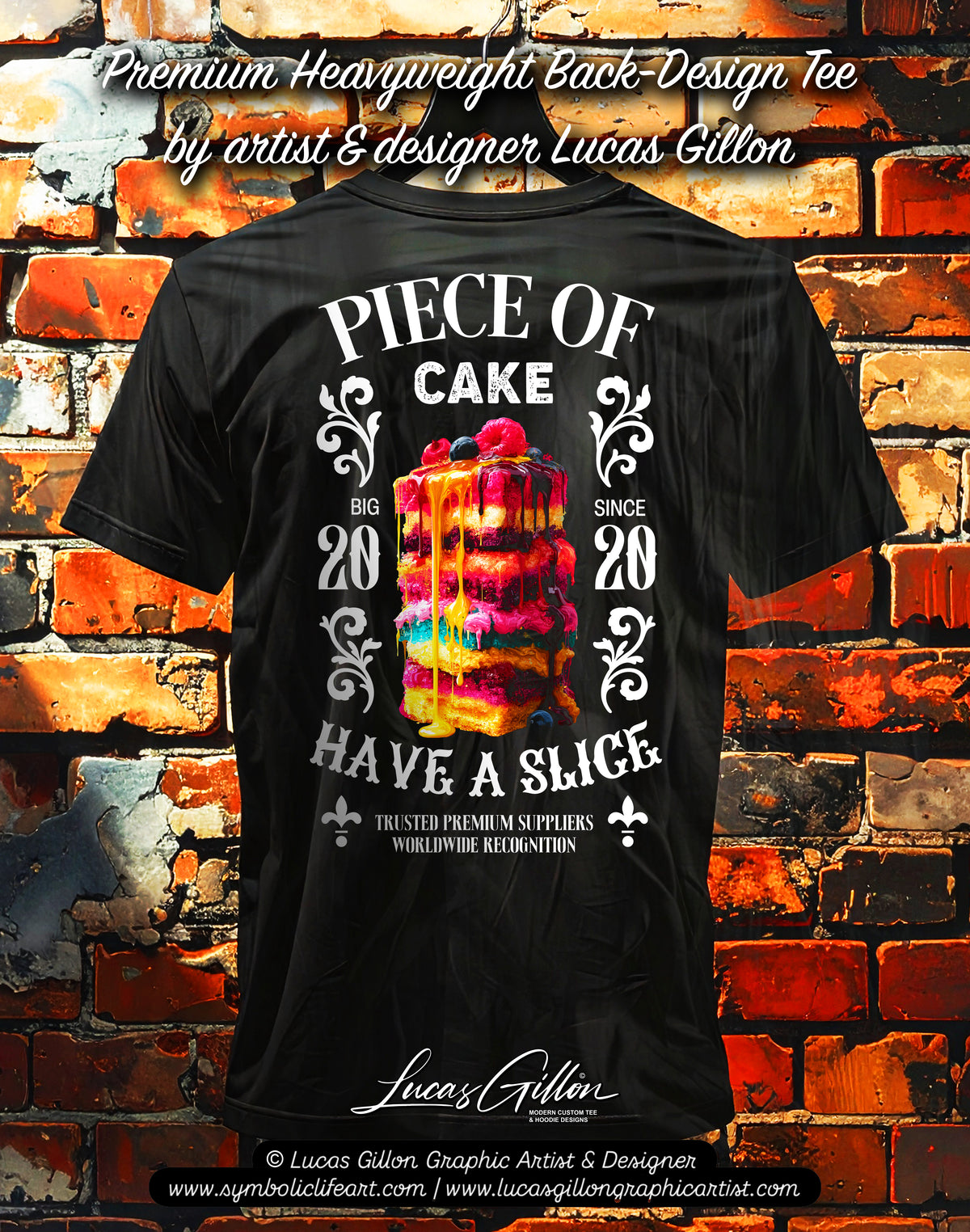 to finish - Black Unisex Premium Heavyweight Back-Design Tee "Vintage Piece of Cake" by Designer and Artist Lucas Gillon