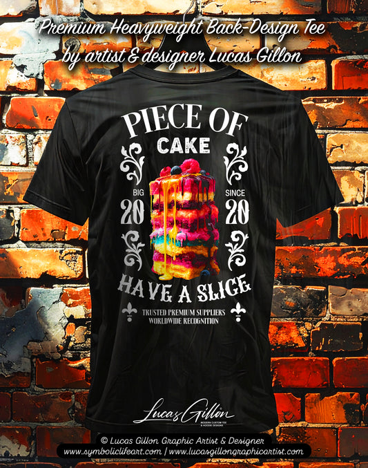 to finish - Black Unisex Premium Heavyweight Back-Design Tee "Vintage Piece of Cake" by Designer and Artist Lucas Gillon