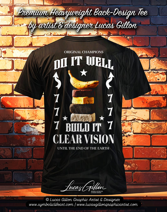Black Unisex Premium Heavyweight Back-Design Tee "777 - Do It Well" by Designer and Artist Lucas Gillon