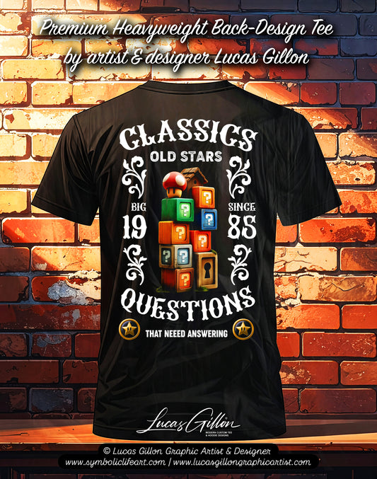 to finish - Black Unisex Premium Heavyweight Back-Design Tee "Question Blocks" by Designer and Artist Lucas Gillon