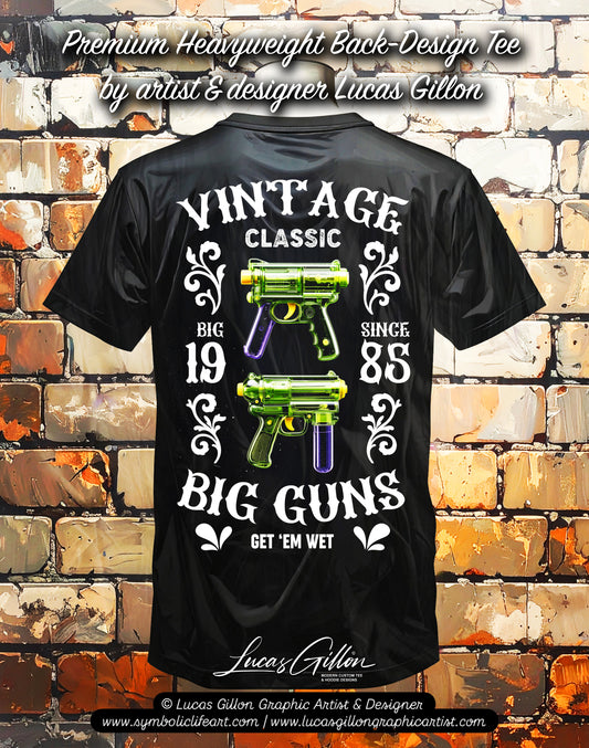 to finish - Black Unisex Premium Heavyweight Back-Design Tee "Big Guns - Water Pistols" by Designer and Artist Lucas Gillon