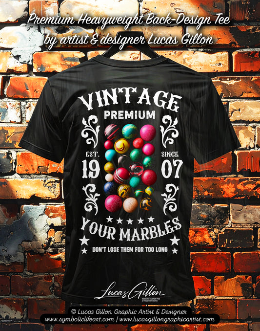to finish - Black Unisex Premium Heavyweight Back-Design Tee "Marbles" by Designer and Artist Lucas Gillon