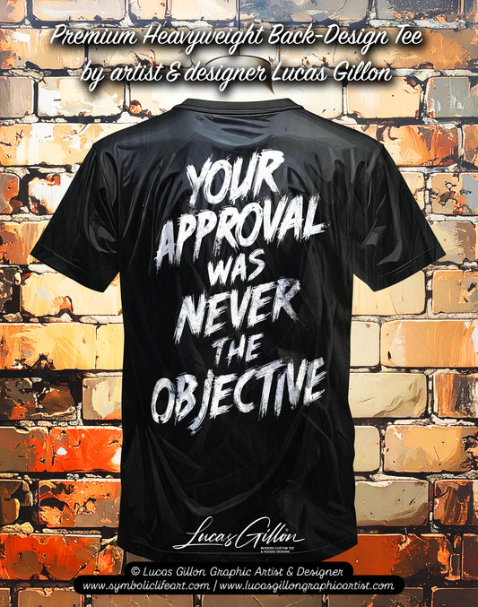 Black Unisex Premium Heavyweight Back-Design Tee "Never The Objective" by Designer and Artist Lucas Gillon