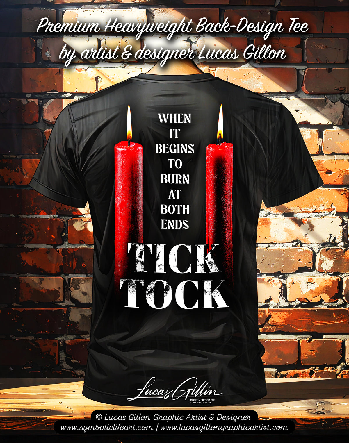 REDO IT - to finish - Black Unisex Premium Heavyweight Back-Design Tee "Tick Tock - When It Begins to Burn at Both Ends" by Designer and Artist Lucas Gillon