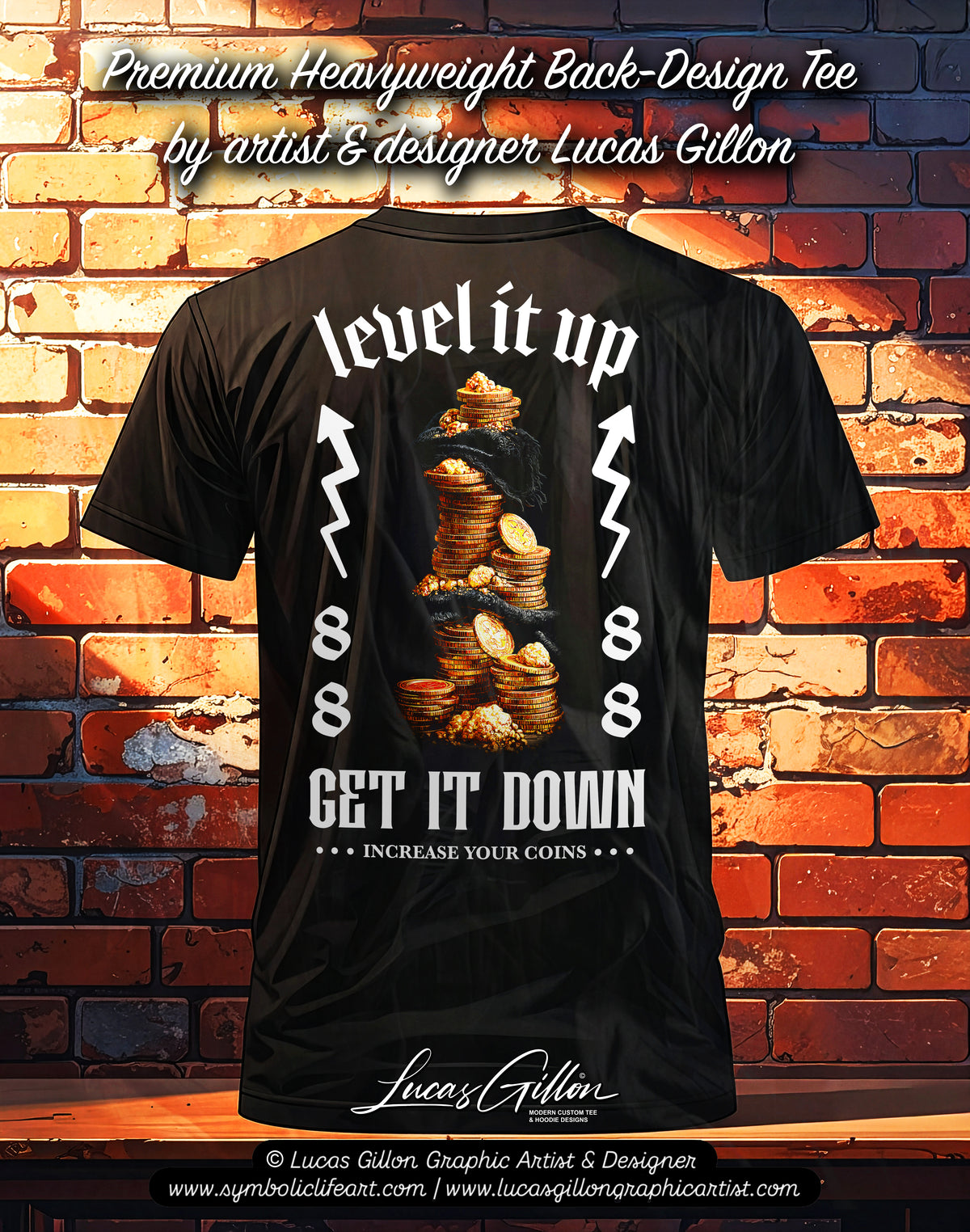 Black Unisex Premium Heavyweight Back-Design Tee "Level It Up - Increase Your Coins" by Designer and Artist Lucas Gillon