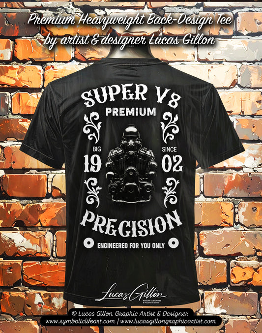 to finish - Black Unisex Premium Heavyweight Back-Design Tee "Super V8" by Designer and Artist Lucas Gillon