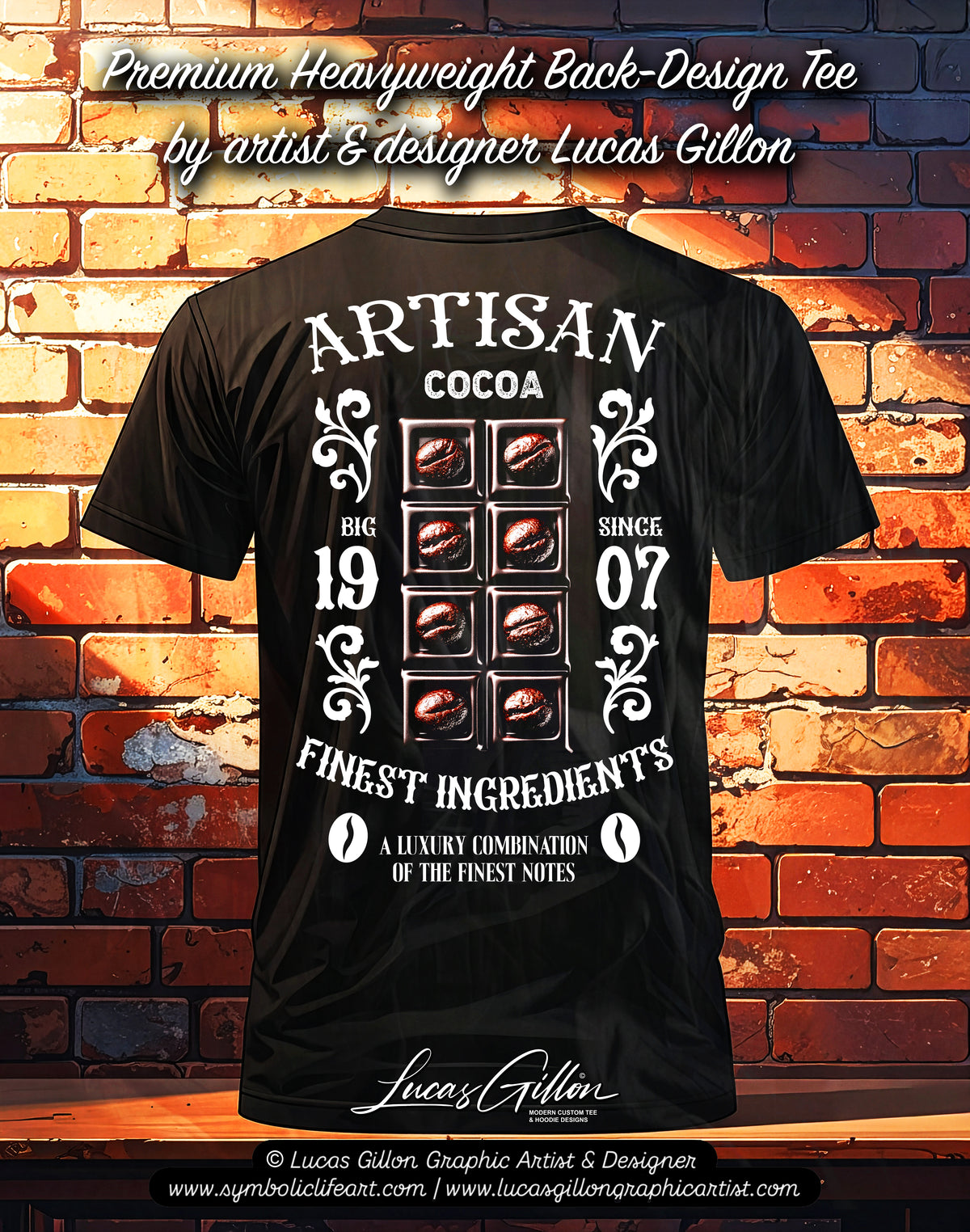 to finish - Black Unisex Premium Heavyweight Back-Design Tee "Coffee Chocolate" by Designer and Artist Lucas Gillon