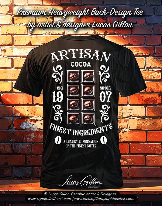 to finish - Black Unisex Premium Heavyweight Back-Design Tee "Coffee Chocolate" by Designer and Artist Lucas Gillon