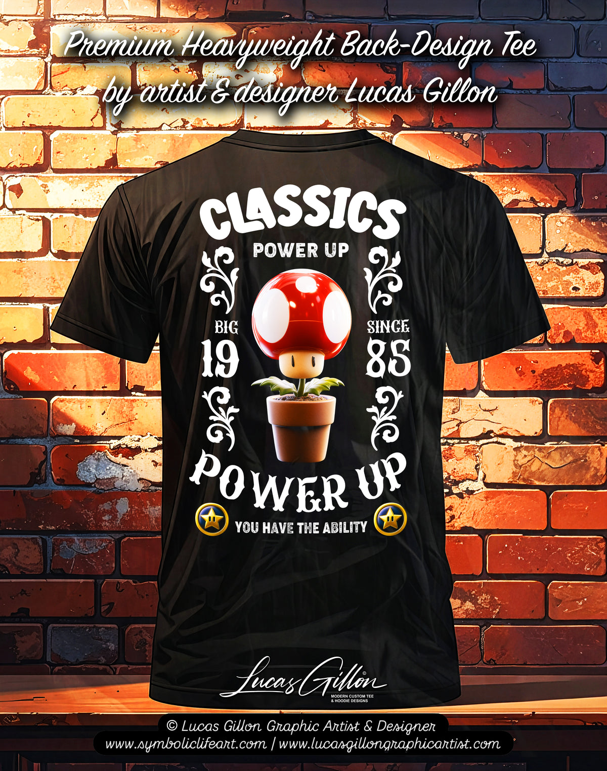 to finish - Black Unisex Premium Heavyweight Back-Design Tee "Classic Mushroom Life Up" by Designer and Artist Lucas Gillon