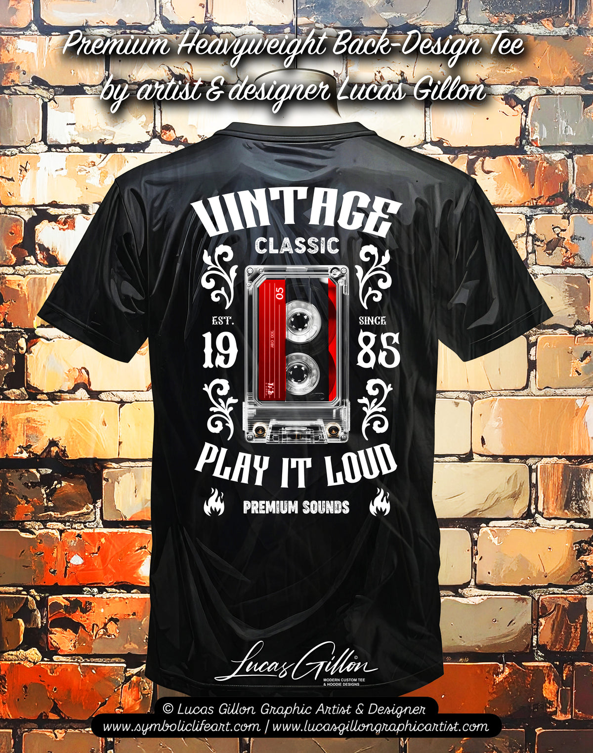 to finish - Black Unisex Premium Heavyweight Back-Design Tee "Vintage Cassette" by Designer and Artist Lucas Gillon