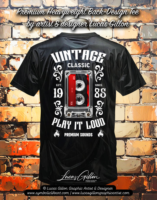 to finish - Black Unisex Premium Heavyweight Back-Design Tee "Vintage Cassette" by Designer and Artist Lucas Gillon