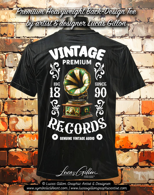 to finish - Black Unisex Premium Heavyweight Back-Design Tee "Vintage Record Player" by Designer and Artist Lucas Gillon