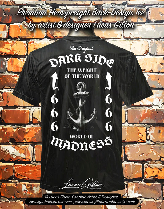 to finish - Black Unisex Premium Heavyweight Back-Design Tee "Dark Side - Weight of the World" by Designer and Artist Lucas Gillon