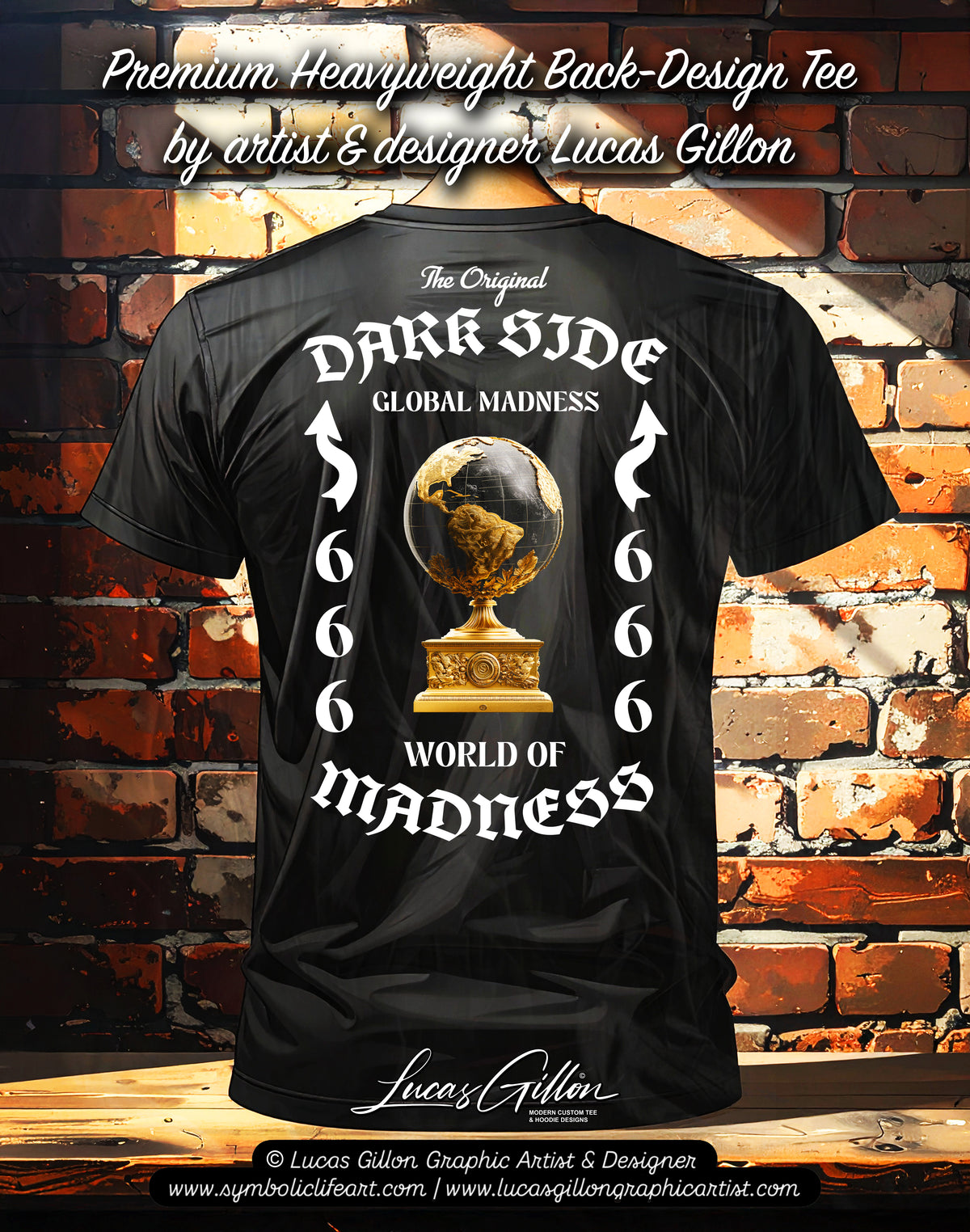 to finish - Black Unisex Premium Heavyweight Back-Design Tee "Dark Side - Global Madness" by Designer and Artist Lucas Gillon