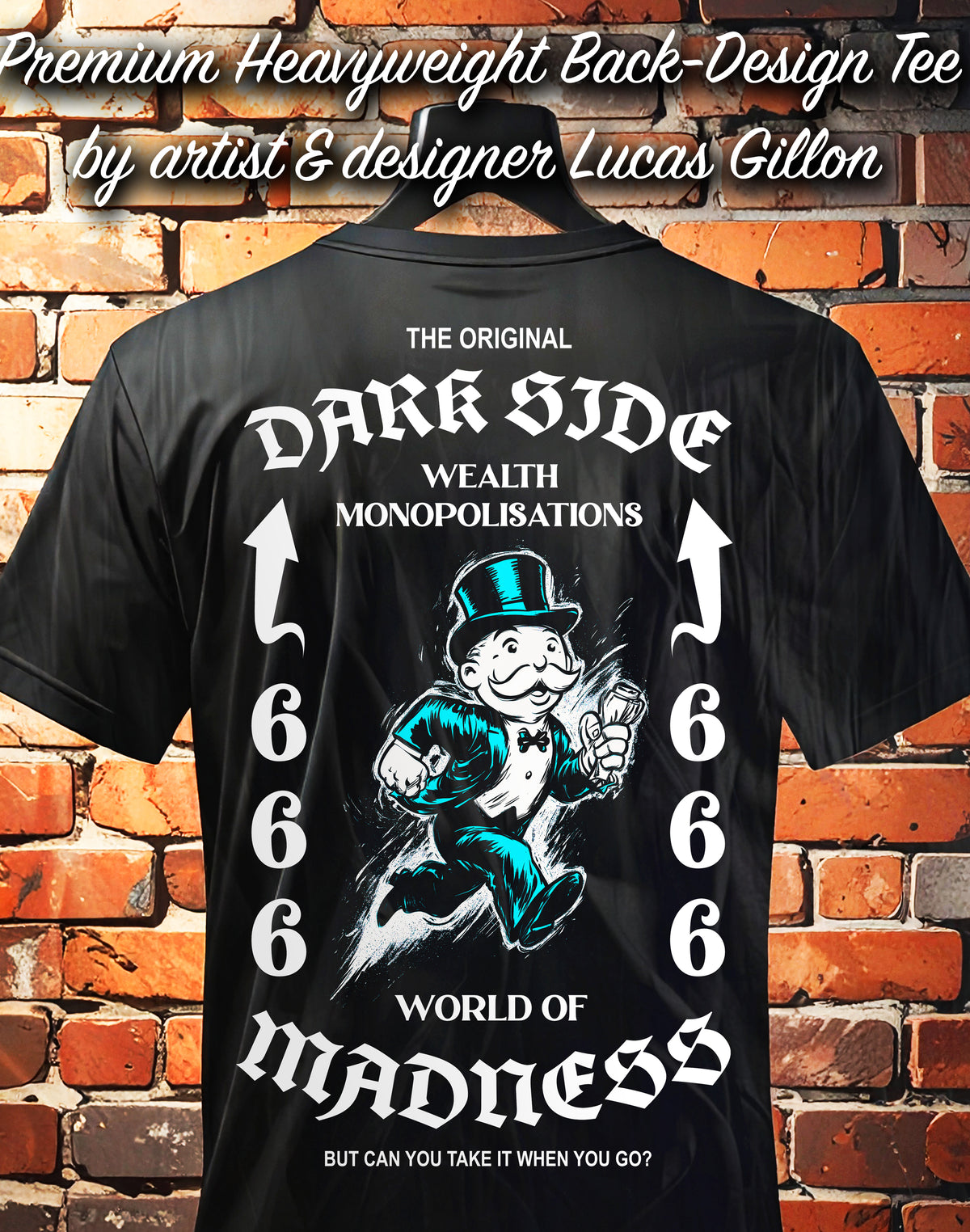 Black Unisex Premium Heavyweight Back-Design Tee "Dark Side - Wealth Monopolisations" by Designer and Artist Lucas Gillon