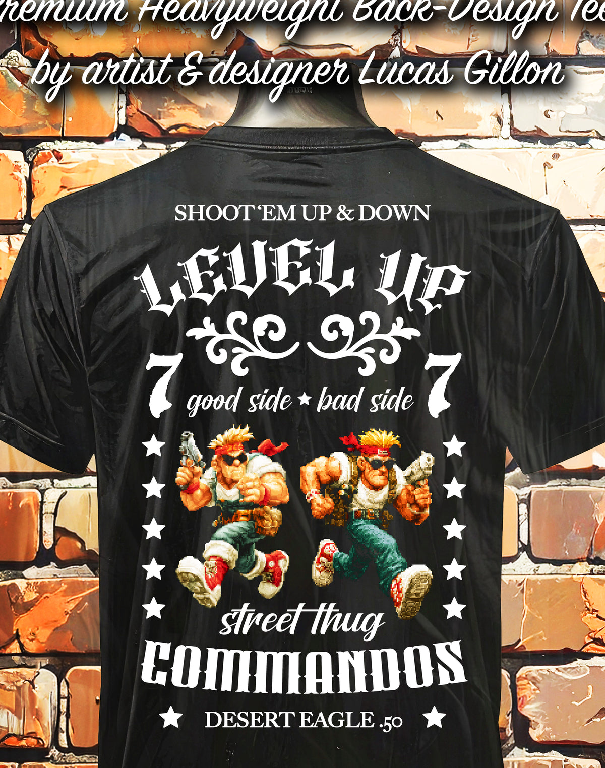 Black Unisex Premium Heavyweight Back-Design Tee "Level It Up - Street Thug Commandos" by Designer and Artist Lucas Gillon