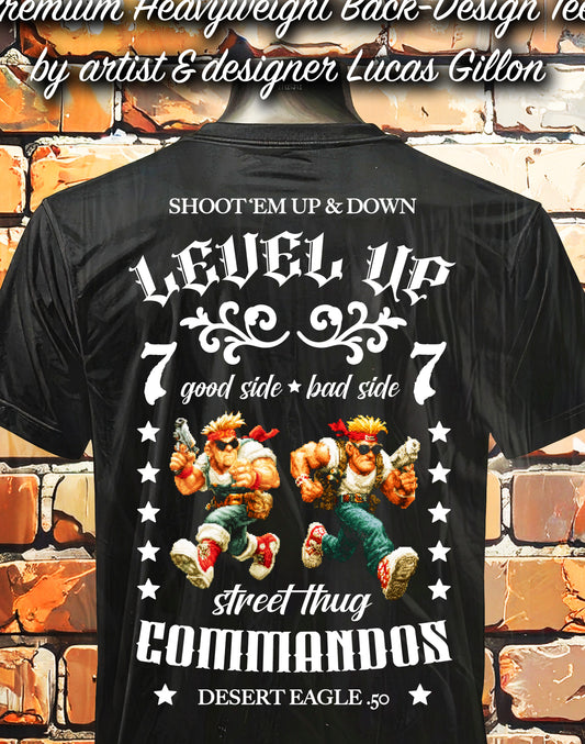 Black Unisex Premium Heavyweight Back-Design Tee "Level It Up - Street Thug Commandos" by Designer and Artist Lucas Gillon
