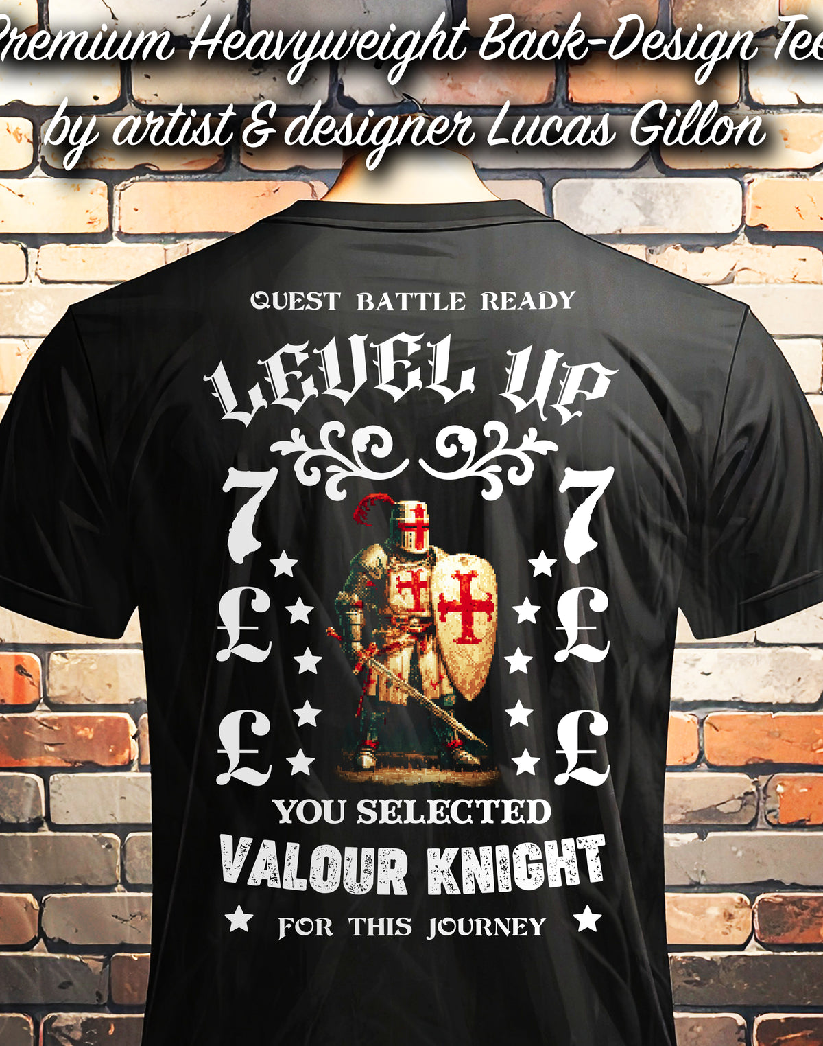 Black Unisex Premium Heavyweight Back-Design Tee "Level Up - Valour Knight" by Designer and Artist Lucas Gillon