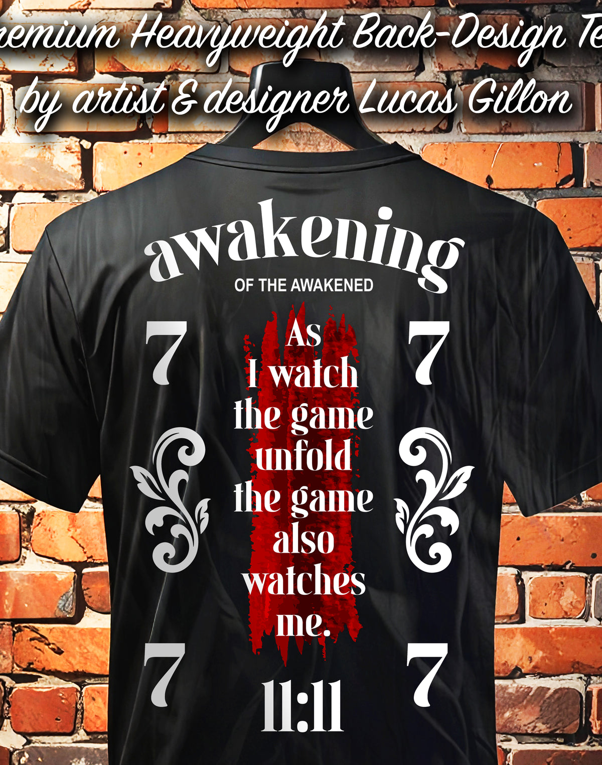 Black Unisex Premium Heavyweight Back-Design Tee "Awakening of the Awakened - The Game Also Watches Me" by Designer and Artist Lucas Gillon