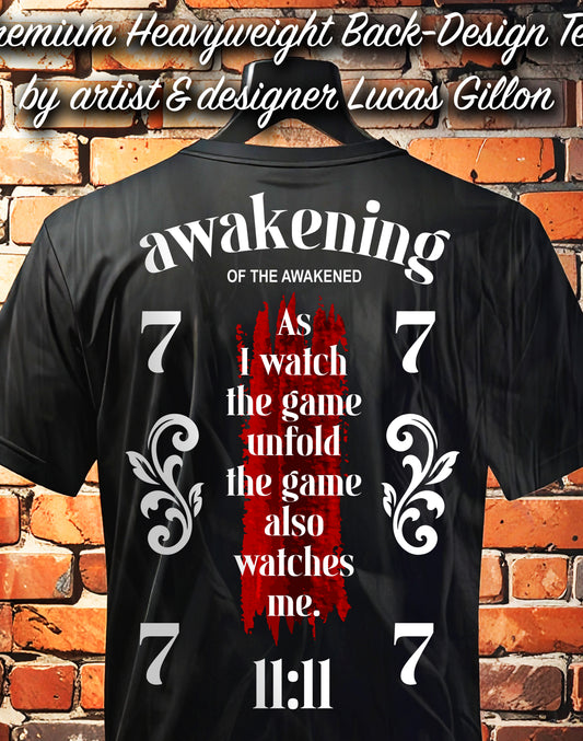 Black Unisex Premium Heavyweight Back-Design Tee "Awakening of the Awakened - The Game Also Watches Me" by Designer and Artist Lucas Gillon