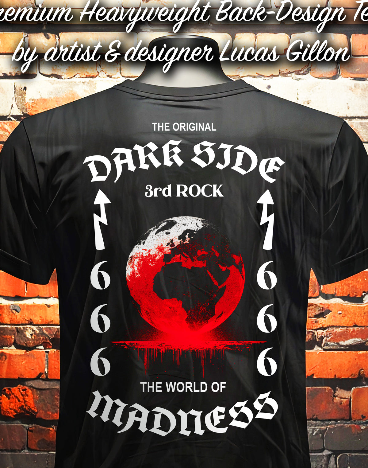 Black Unisex Premium Heavyweight Back-Design Tee "Dark Side - 3rd Rock" by Designer and Artist Lucas Gillon