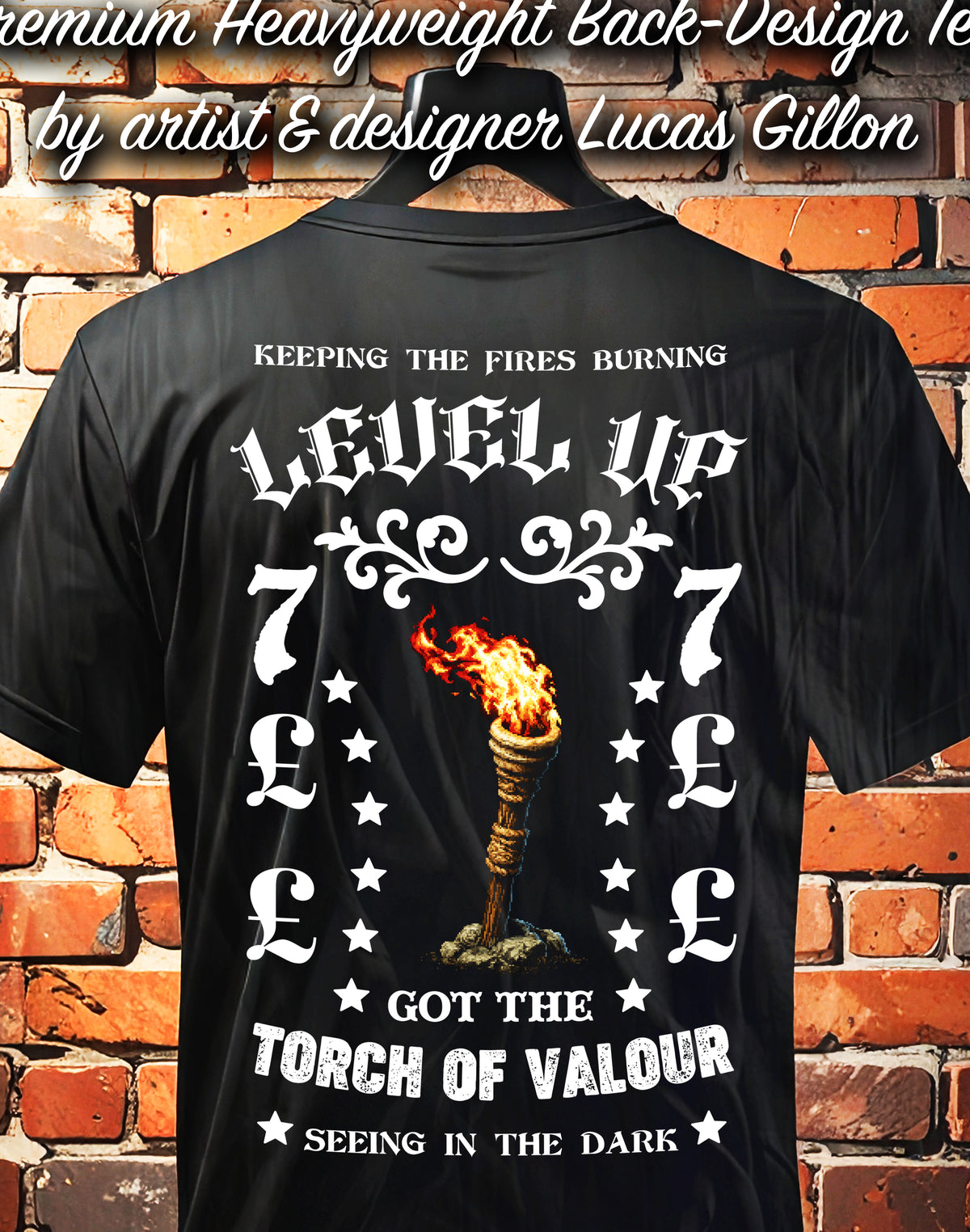 to finish - Black Unisex Premium Heavyweight Back-Design Tee "Level Up - Torch of Valour" by Designer and Artist Lucas Gillon
