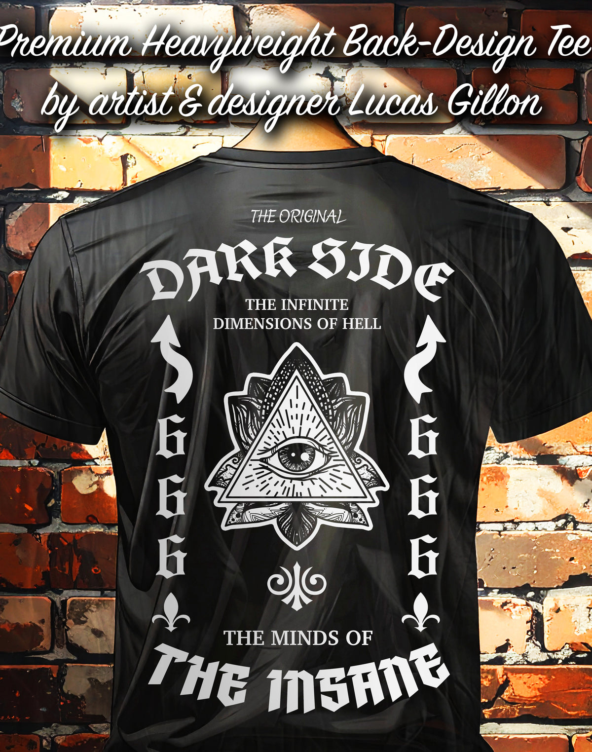 to finish - Black Unisex Premium Heavyweight Back-Design Tee "Dark Side - Dimensions of Hell" by Designer and Artist Lucas Gillon