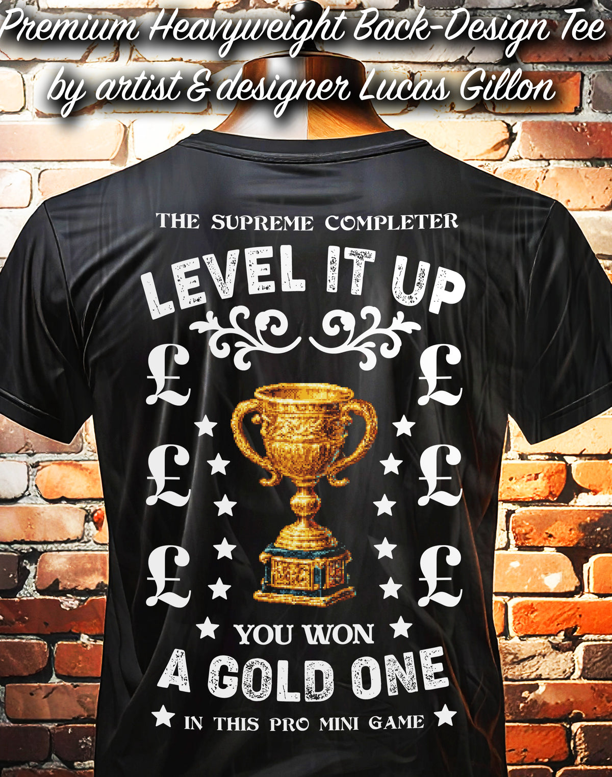 Black Unisex Premium Heavyweight Back-Design Tee "Level It Up - Gold Trophy" by Designer and Artist Lucas Gillon