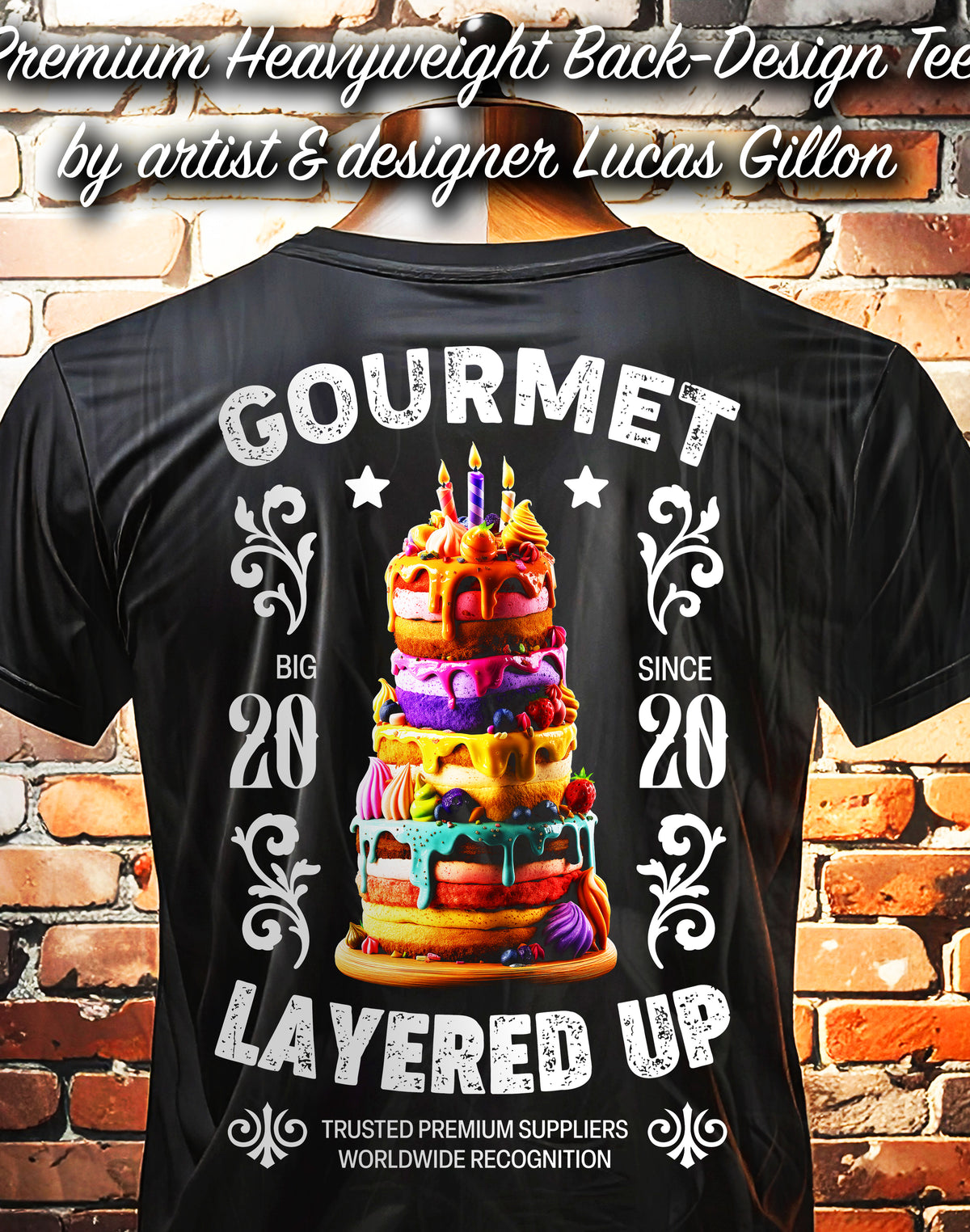 Black Unisex Premium Heavyweight Back-Design Tee "Gourmet Layered Up" by Designer and Artist Lucas Gillon