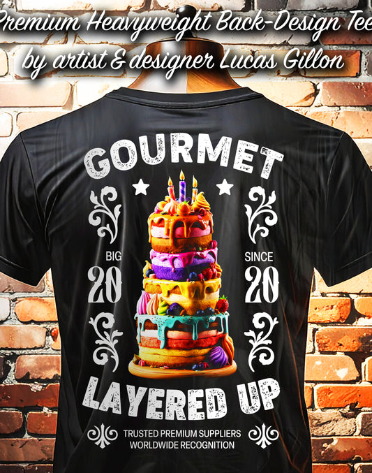 Black Unisex Premium Heavyweight Back-Design Tee "Gourmet Layered Up" by Designer and Artist Lucas Gillon