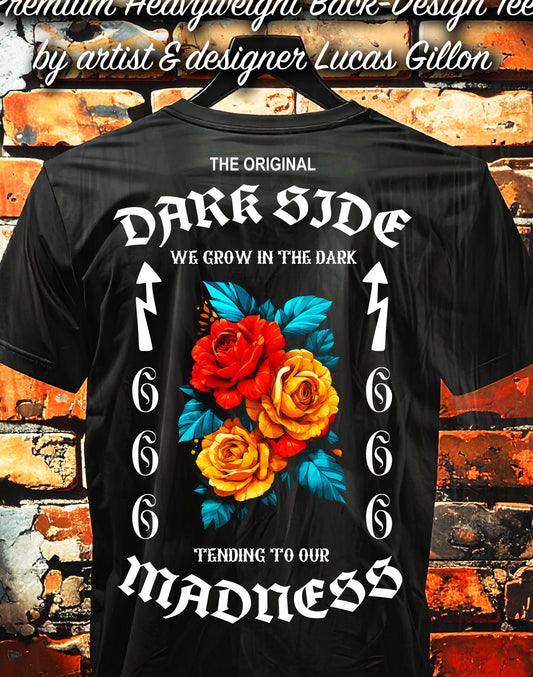Black Unisex Premium Heavyweight Back-Design Tee "Dark Side - We Grow In The Dark" by Designer and Artist Lucas Gillon