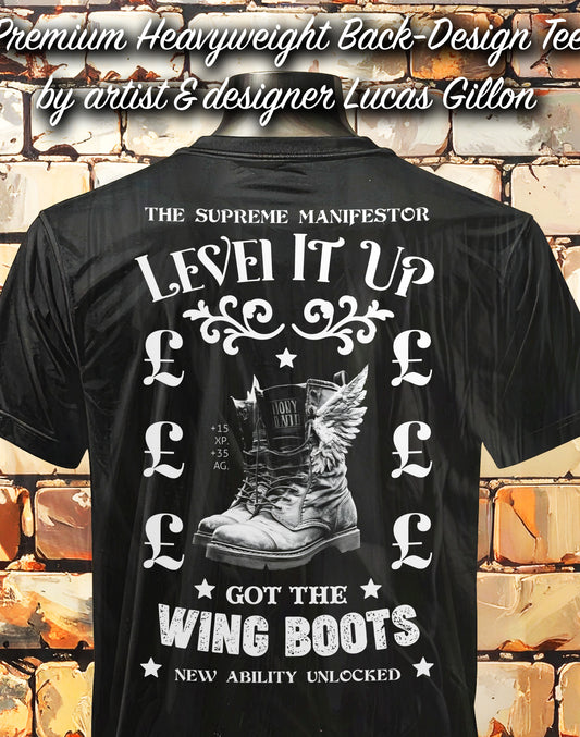 to finish - Black Unisex Premium Heavyweight Back-Design Tee "Level It Up - Wing Boots" by Designer and Artist Lucas Gillon