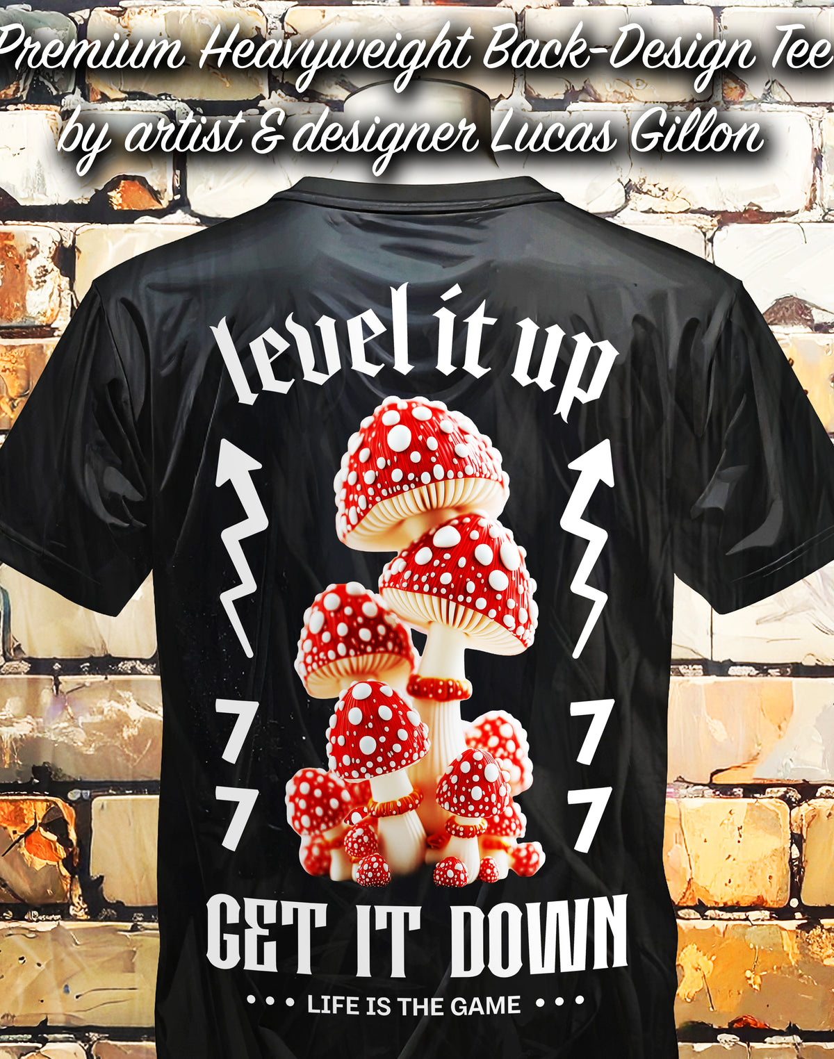 Black Unisex Premium Heavyweight Back-Design Tee "Level It Up - Get It Down" by Designer and Artist Lucas Gillon