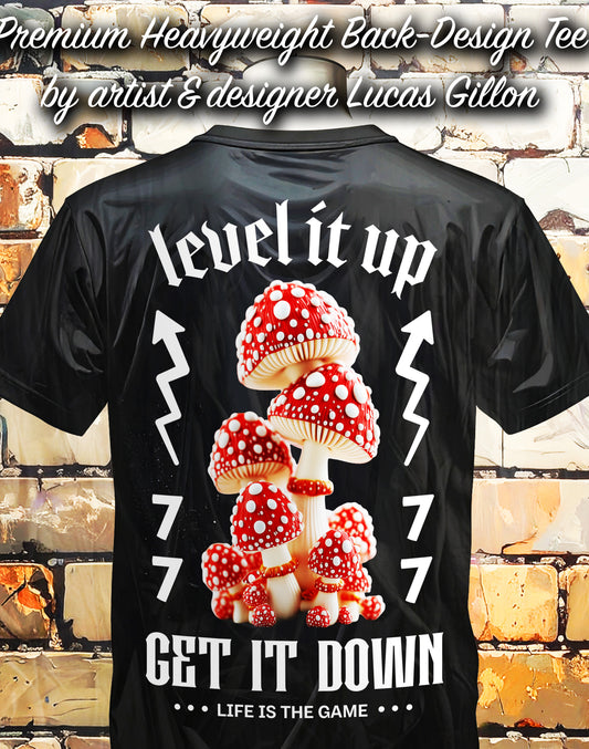Black Unisex Premium Heavyweight Back-Design Tee "Level It Up - Get It Down" by Designer and Artist Lucas Gillon