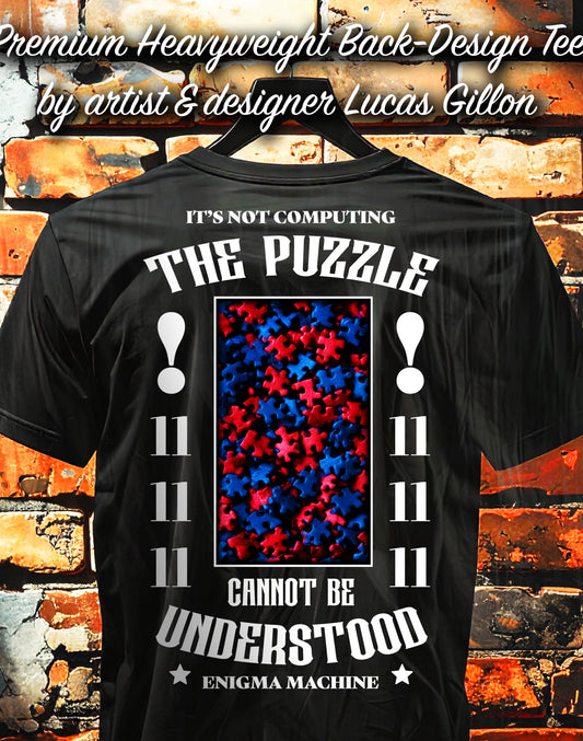 to finish - Black Unisex Premium Heavyweight Back-Design Tee "The Puzzle Cannot Be Understood" by Designer and Artist Lucas Gillon