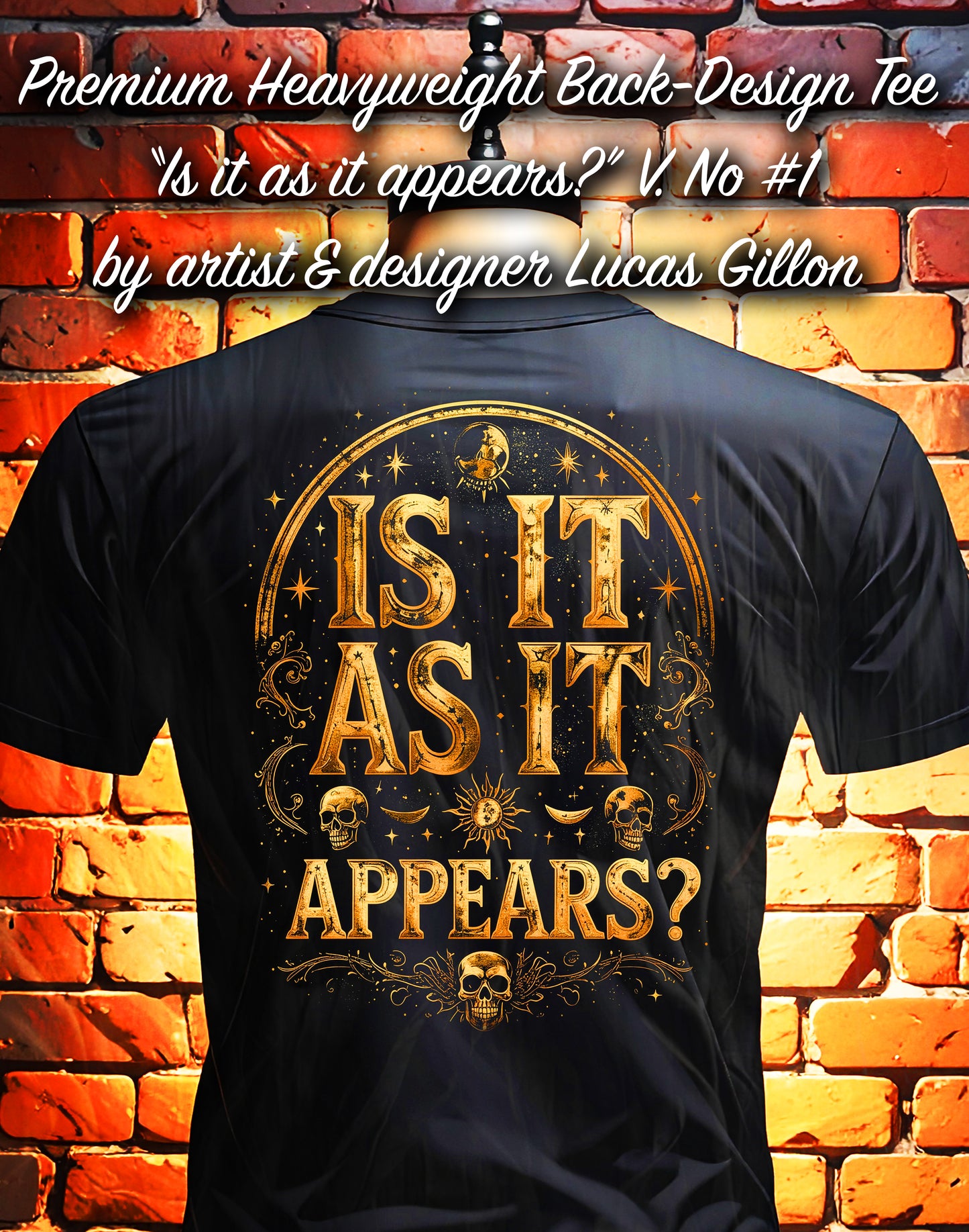 Black Unisex Premium Original Heavyweight Back-Design Tee "As it Appears No #1" by Designer and Artist Lucas Gillon