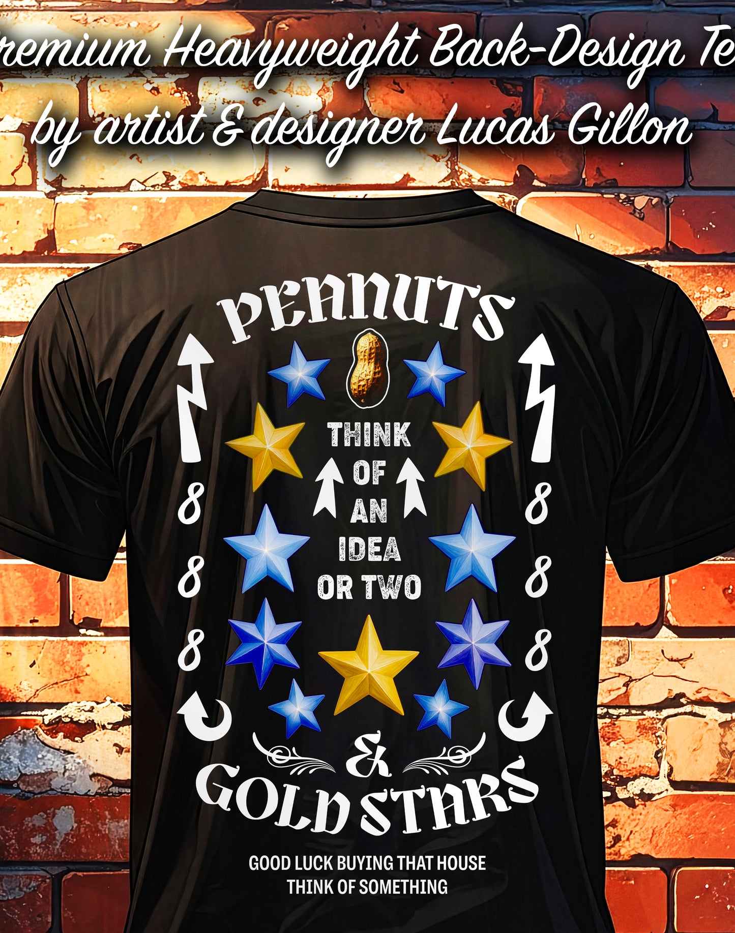 to finish - Black Unisex Premium Heavyweight Back-Design Tee "Peanuts & Gold Stars" by Designer and Artist Lucas Gillon
