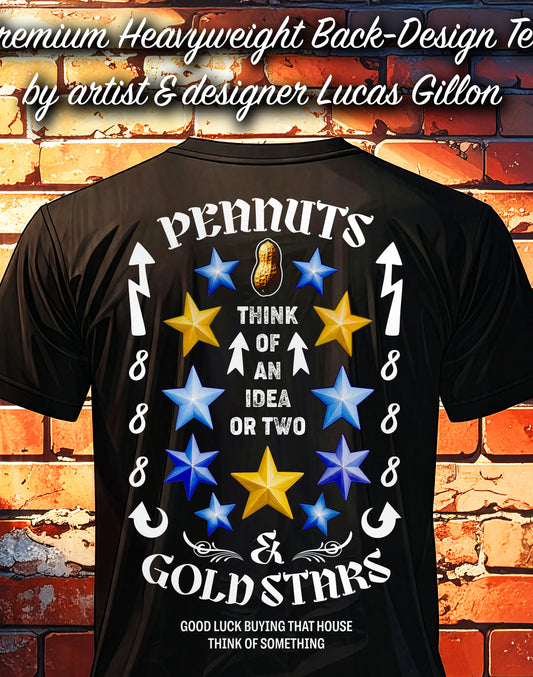 Black Unisex Premium Heavyweight Back-Design Tee "Peanuts & Gold Stars" by Designer and Artist Lucas Gillon