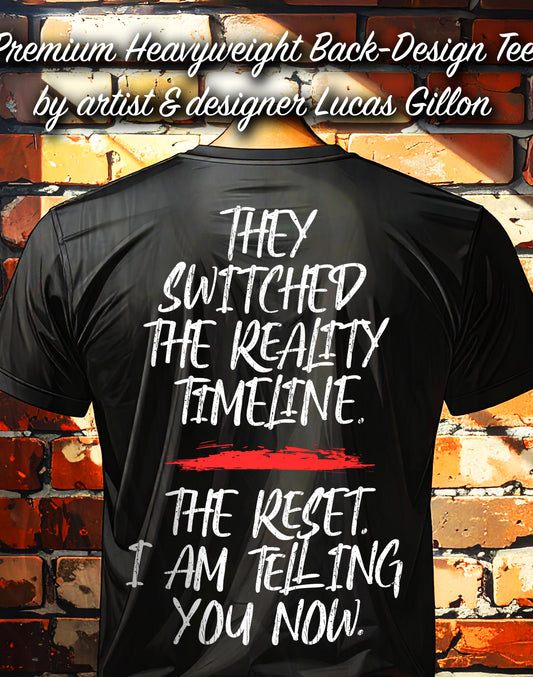 Black Unisex Premium Heavyweight Back-Design Tee "Switched Reality" by Designer and Artist Lucas Gillon