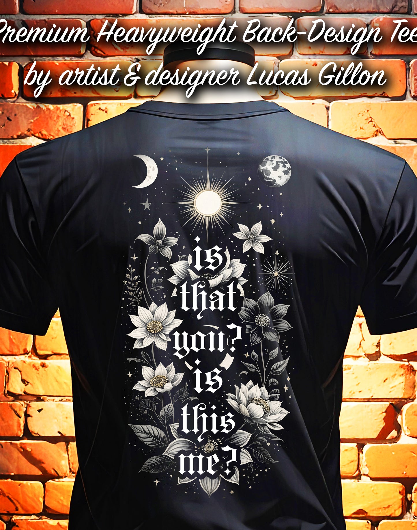 Black Unisex Premium Heavyweight Back-Design Tee "Is That You? Is This Me?" by Designer and Artist Lucas Gillon