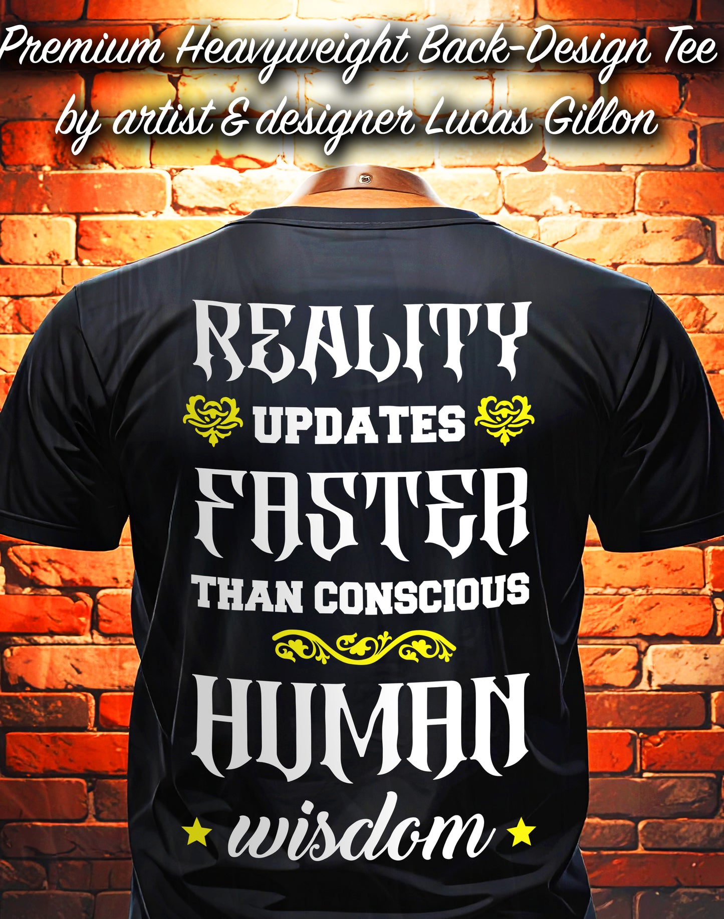 Black Unisex Premium Heavyweight Back-Design Tee "Reality Updates Faster" by Designer and Artist Lucas Gillon